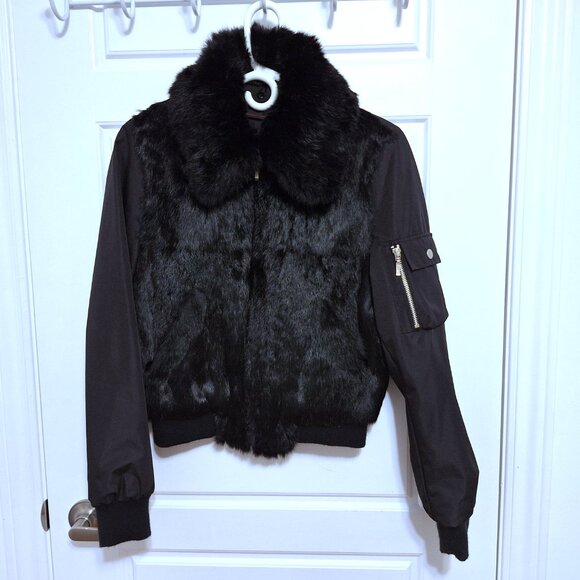 RK Black bomber jacket with rabbit hair front and detachable rabbit hair collar - Picture 9 of 12
